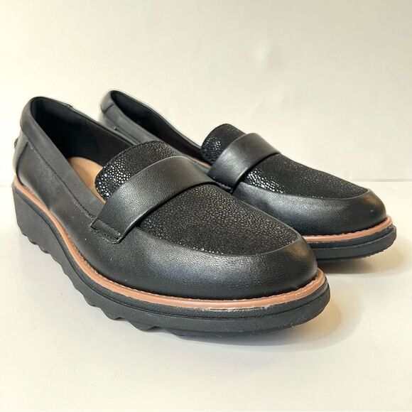 Clarks Ultimate Comfort Black Textured Wedge Slip On Loafers Normcore Shoes 7.5 - Picture 3 of 12